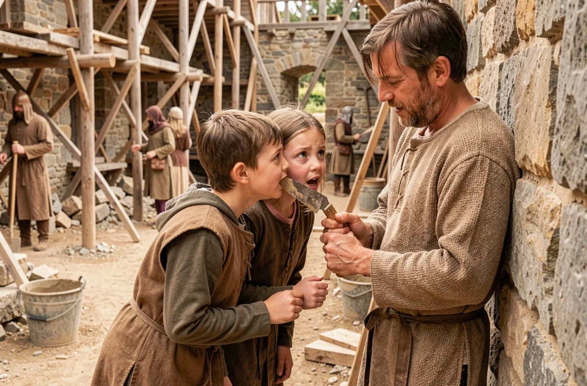 Enfants fascinés par un artisan tailleur de pierre au chantier médiéval de Guédelon à Treigny