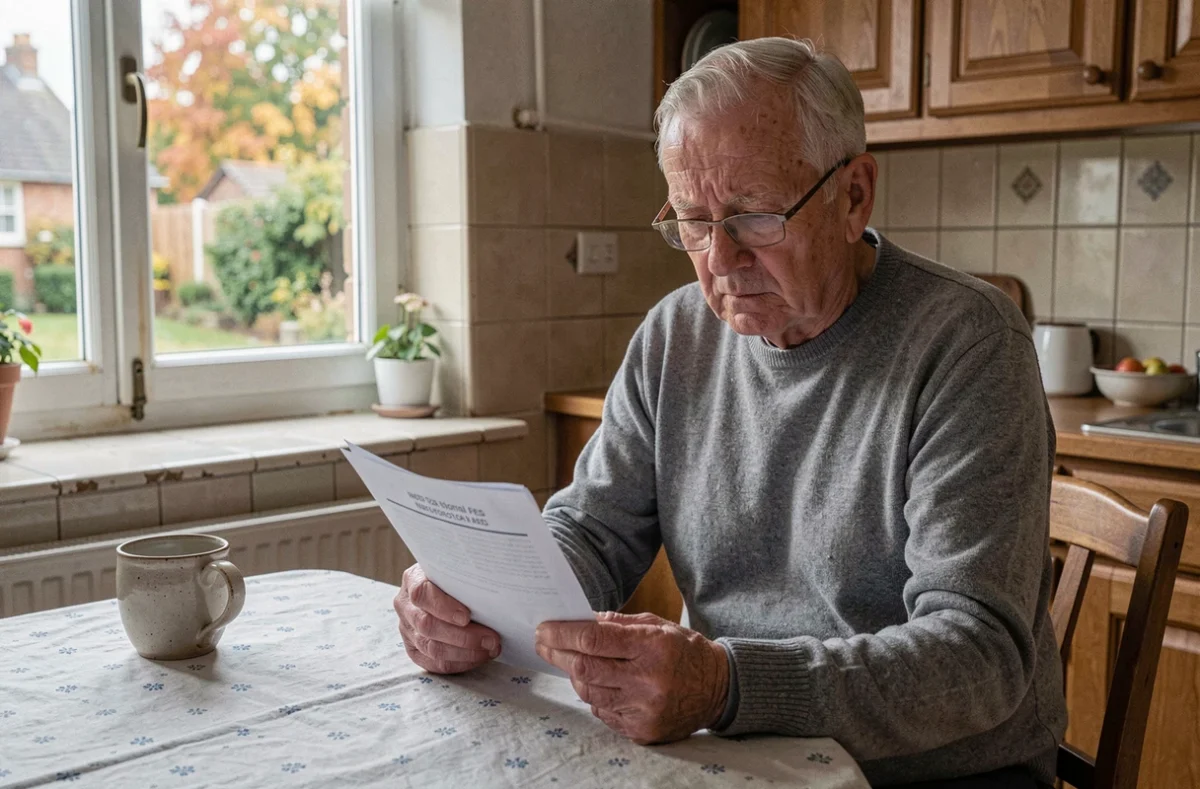 Homme âgé lisant des informations sur les frais notariaux pour un testament à domicile