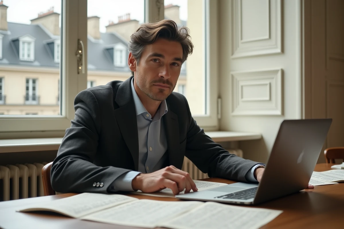Homme en costume gris assis à son bureau avec des partitions de musique classique dans un appartement parisien
