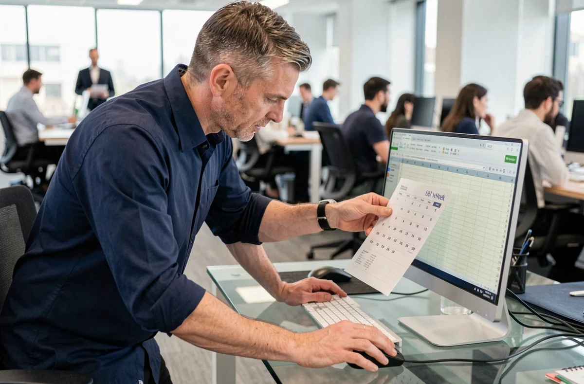 Homme comparant un calendrier Excel semaines paires impaires 2026 avec une feuille de calcul sur écran dans un bureau moderne