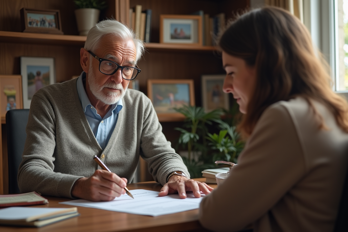 Homme âgé et sa fille discutant de papiers dans un bureau chaleureux
