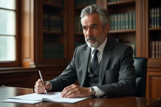 Homme distingué en costume gris anthracite assis à un bureau en bois consultant des documents dans un bureau français classique