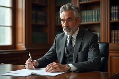 Homme distingué en costume gris anthracite assis à un bureau en bois consultant des documents dans un bureau français classique