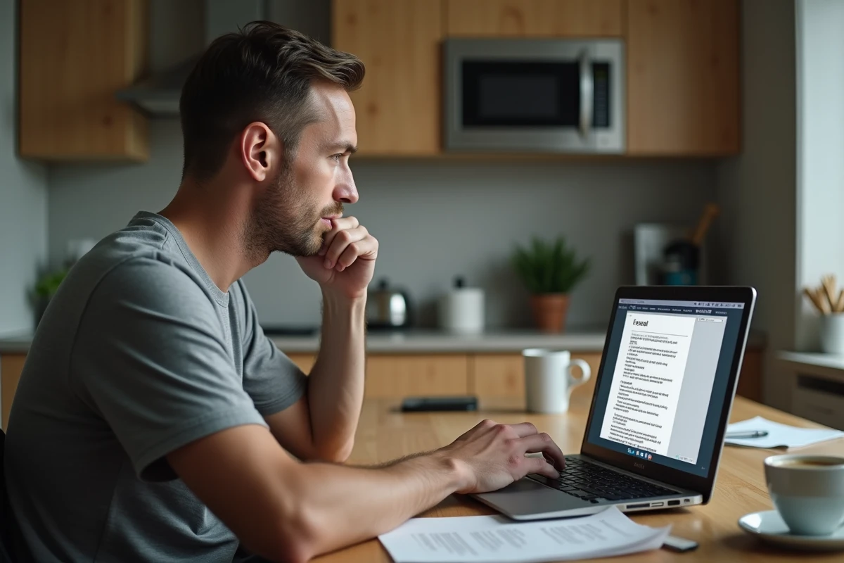 Homme consultant un formulaire de divorce en ligne sur son ordinateur portable dans sa cuisine