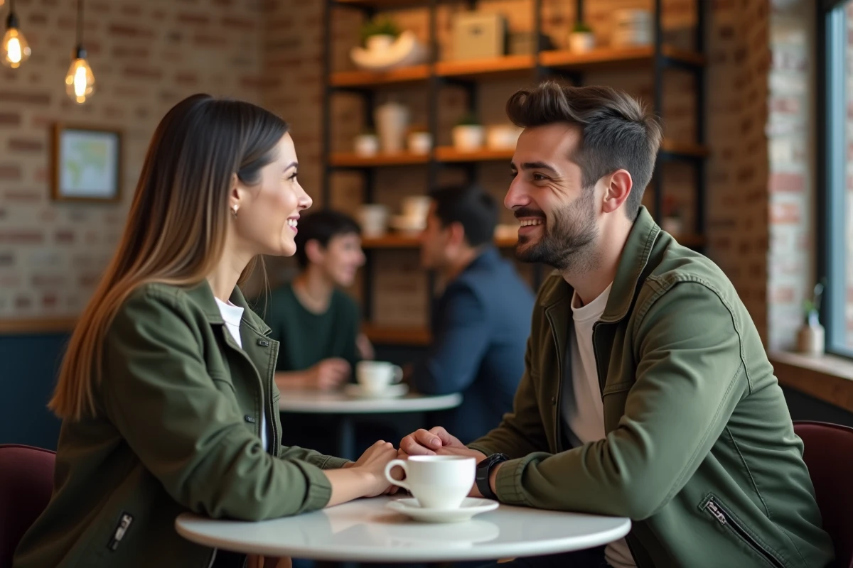 Couple dans un café, l'homme adoptant une posture de retrait face à sa partenaire, illustrant les comportements évitants en début de relation