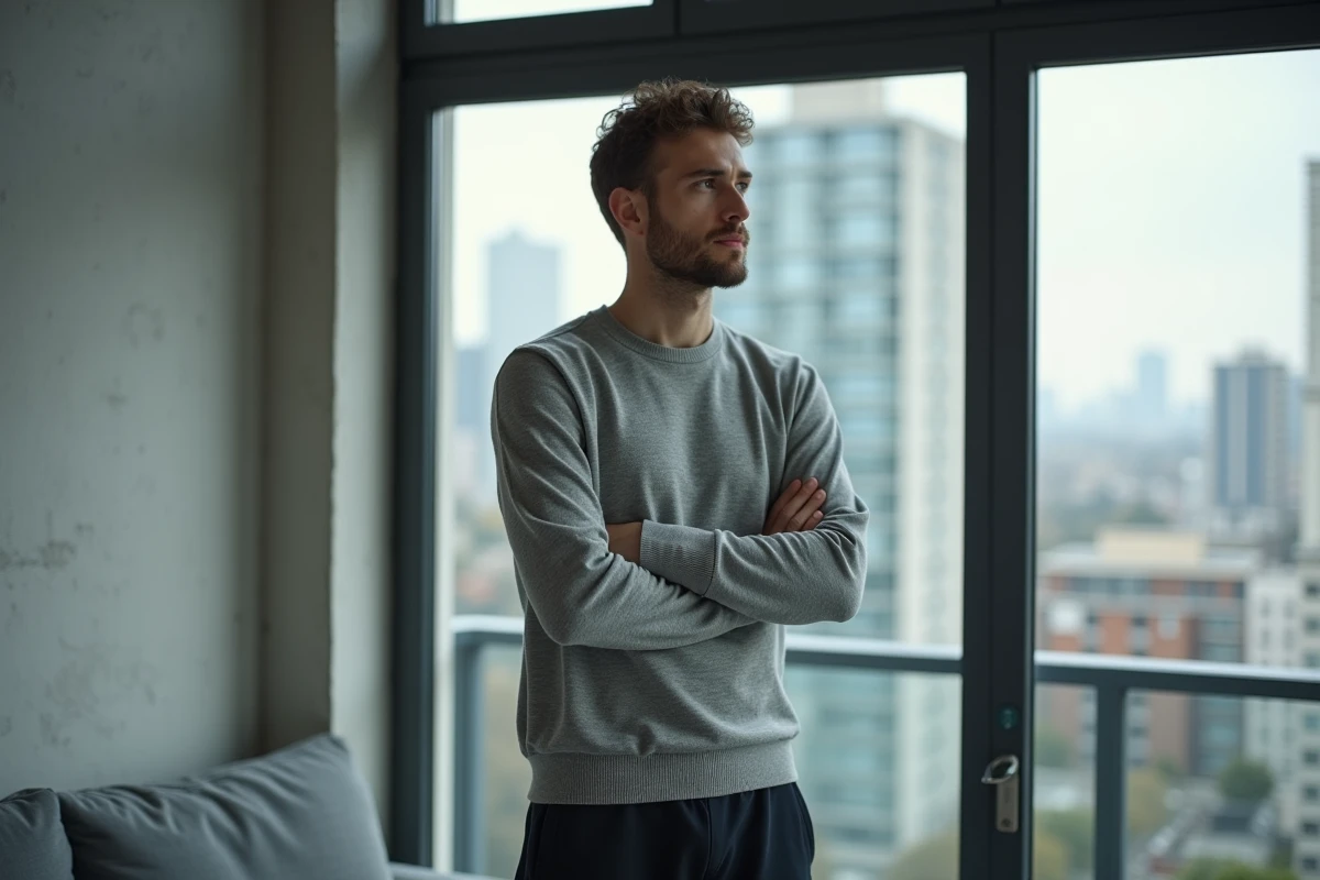 Homme debout près d'une fenêtre d'appartement, bras croisés et regard distant, symbolisant la distance émotionnelle dans une relation naissante