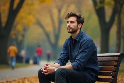 Homme pensif assis seul sur un banc de parc en automne, illustrant la retenue émotionnelle au début d'une relation