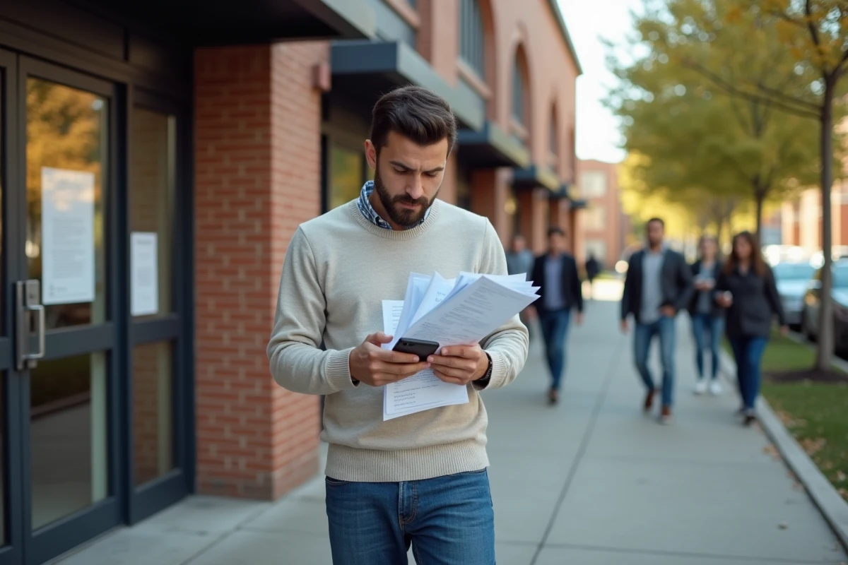 Homme vérifiant ses documents devant un centre communautaire