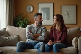Homme qui ignore délibérément sa partenaire après une dispute dans un salon moderne, tension émotionnelle visible