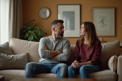 Homme qui ignore délibérément sa partenaire après une dispute dans un salon moderne, tension émotionnelle visible