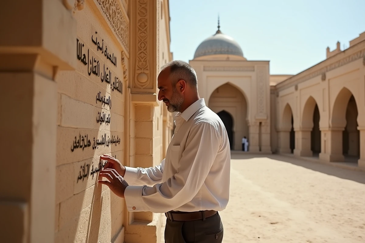 Homme contemplant une inscription arabe ancienne sur la façade d'une mosquée historique, symbole de la mémoire de la famille du Prophète