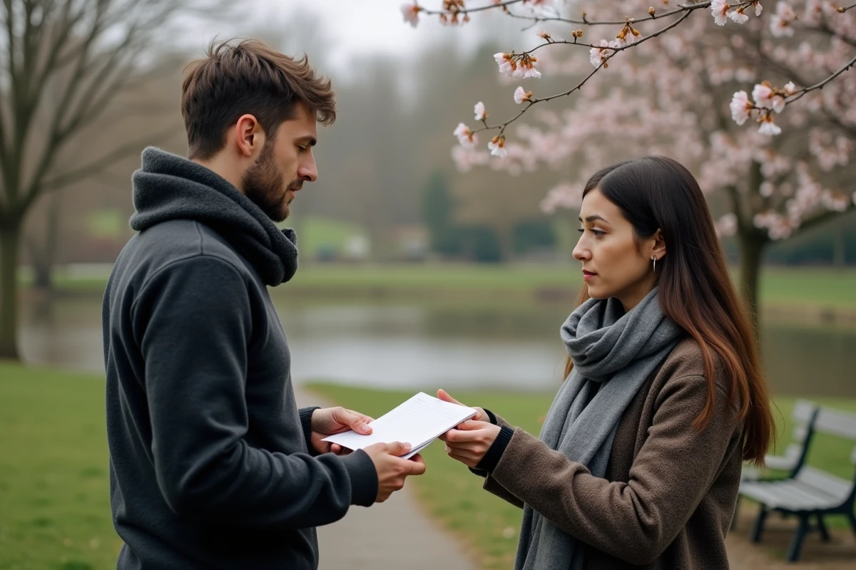 Homme donne une lettre de condoleances à une amie dans un parc