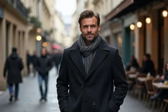 Homme élégant en manteau dans une rue parisienne