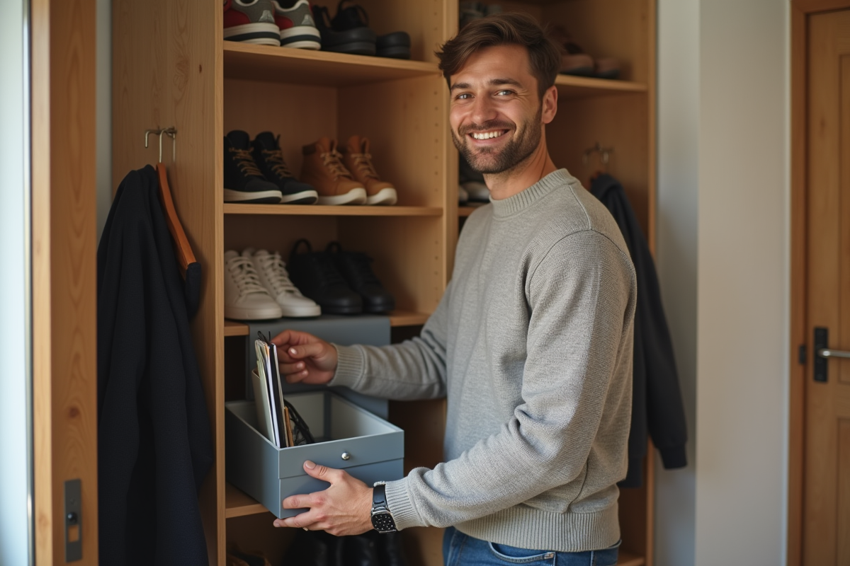 Jeune homme organisant ses chaussures dans l