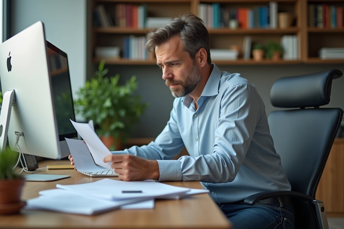Homme v&eacute;rifiant des documents familiaux au bureau