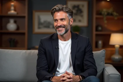 Homme charismatique en blazer sombre assis lors d'une interview télévisée dans un studio moderne, expression naturelle et confiante