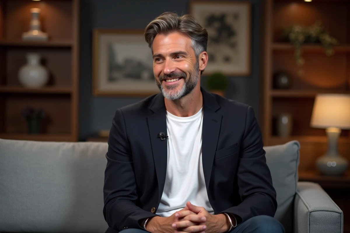 Homme charismatique en blazer sombre assis lors d'une interview télévisée dans un studio moderne, expression naturelle et confiante