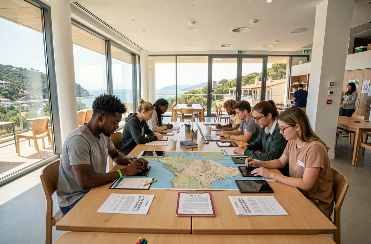 Salle de classe ouverte et moderne de l'ICS Côte d'Azur avec des élèves multiculturels travaillant ensemble