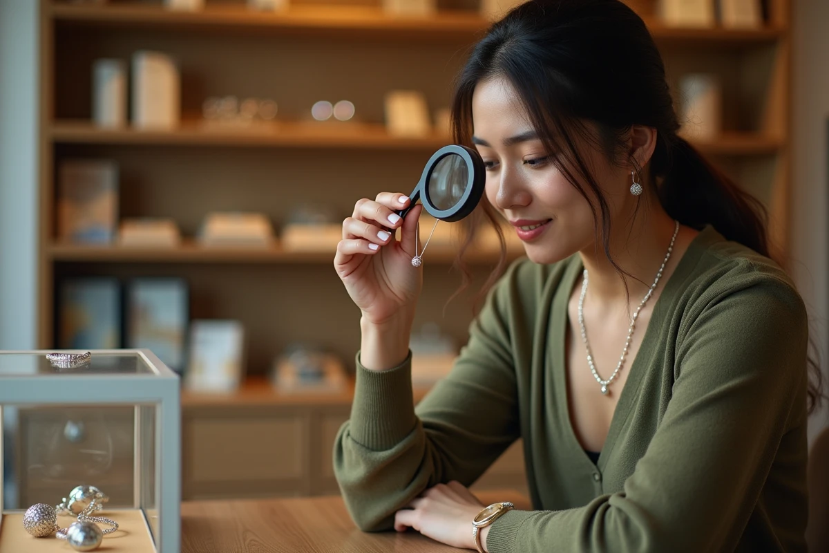 Femme inspectant une bola de grossesse en argent avec une loupe dans une bijouterie