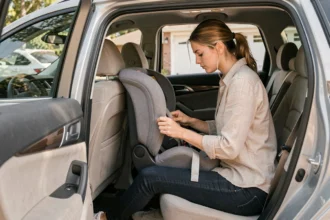 Mère installant un siège auto convertible dans un SUV familial pour un long trajet en autoroute