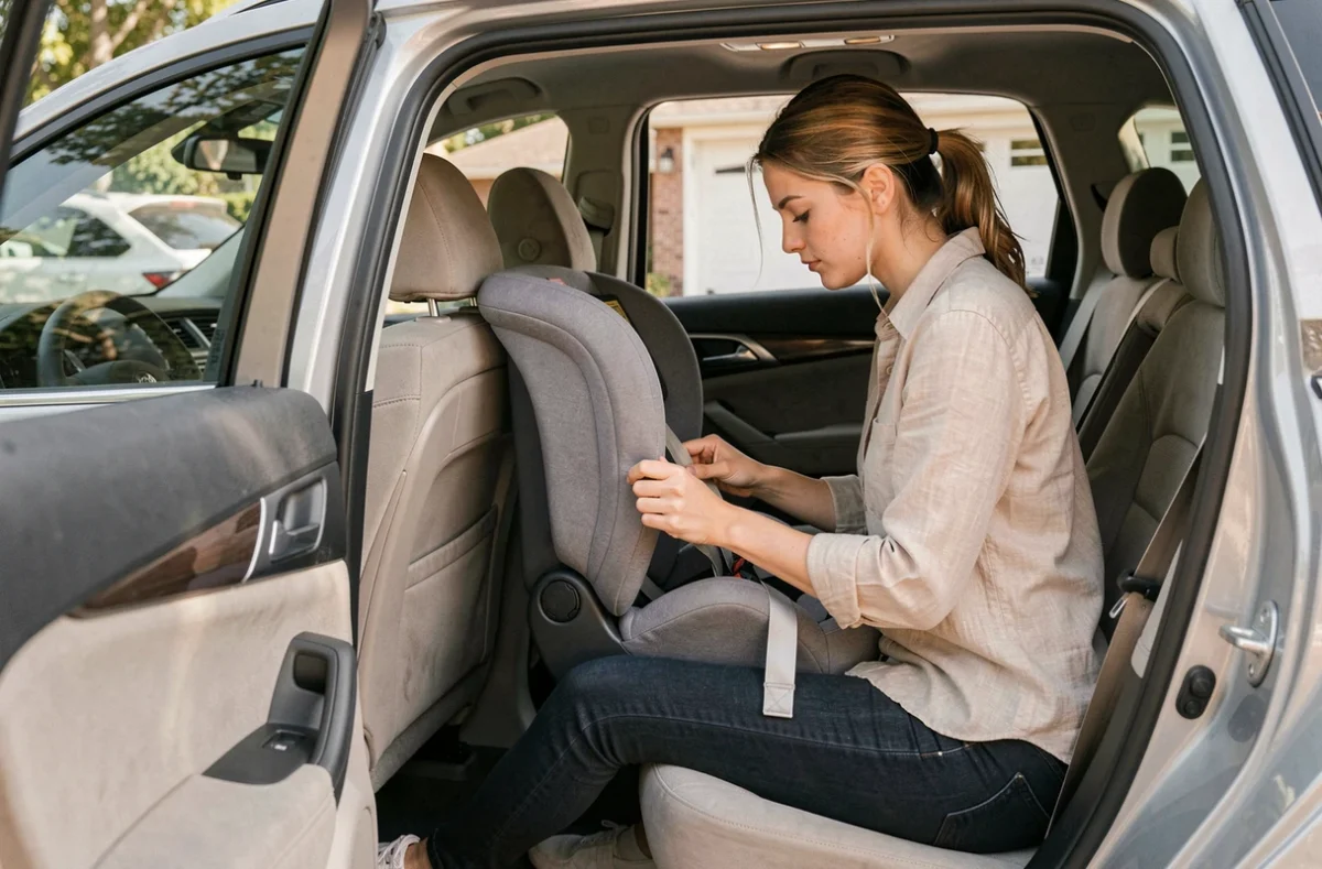 Mère installant un siège auto convertible dans un SUV familial pour un long trajet en autoroute