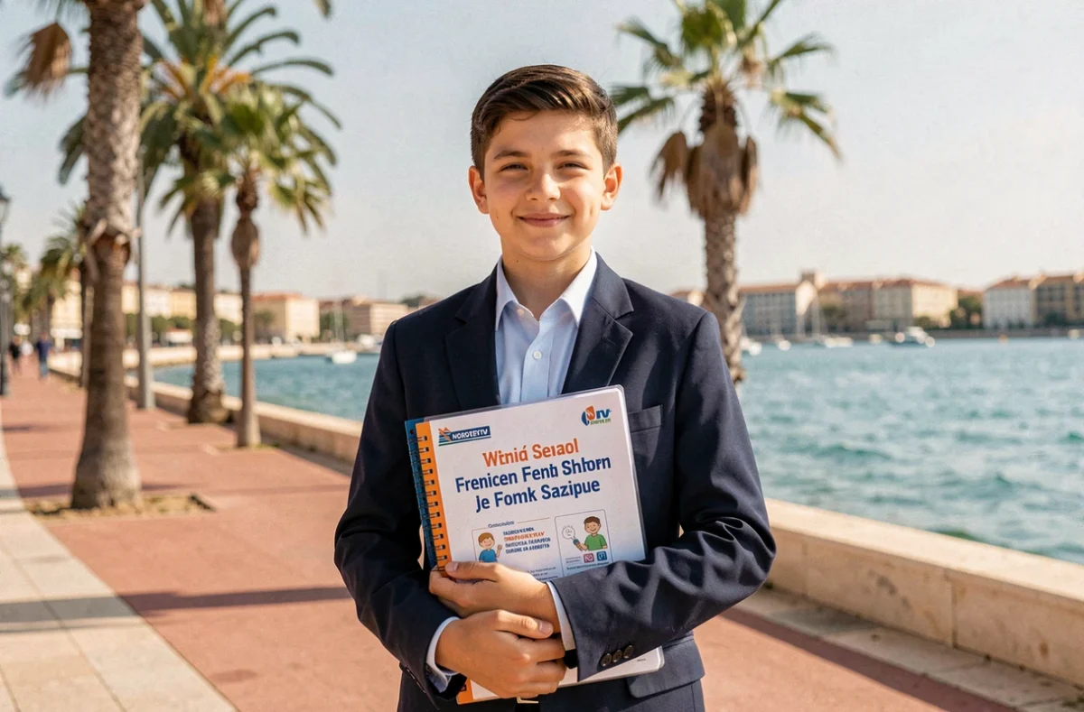Élève de l'International School of Nice avec la Promenade des Anglais et la mer Méditerranée en arrière-plan