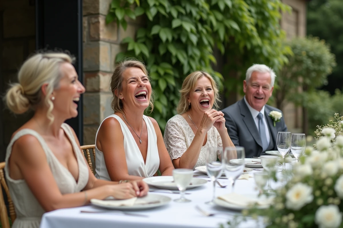 Groupe d'invités de mariage riant ensemble à une table en plein air pendant un discours humoristique