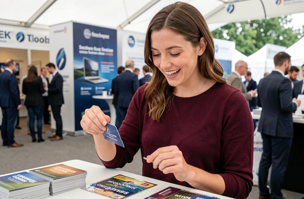 Femme grattant un jeu à gratter promotionnel personnalisé lors d'un événement d'entreprise en extérieur