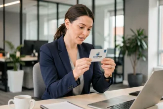 Professionnelle tenant un jeu à gratter personnalisé aux couleurs d'une entreprise dans un bureau moderne