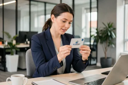 Professionnelle tenant un jeu à gratter personnalisé aux couleurs d'une entreprise dans un bureau moderne