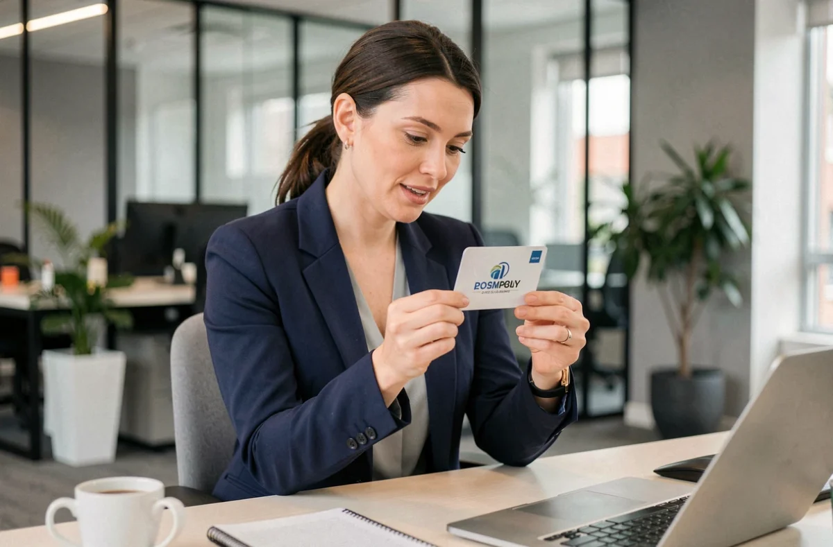 Professionnelle tenant un jeu à gratter personnalisé aux couleurs d'une entreprise dans un bureau moderne