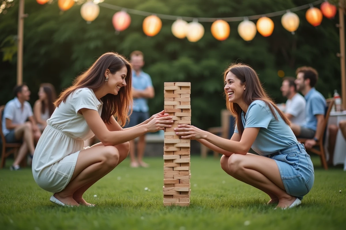 Deux femmes jouant au Jenga géant dans un jardin lors d'une animation d'anniversaire en extérieur