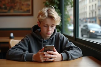 Adolescent blond dans un café parisien contemplant son téléphone