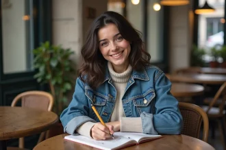 Jeune femme souriante écrivant dans un carnet à Paris
