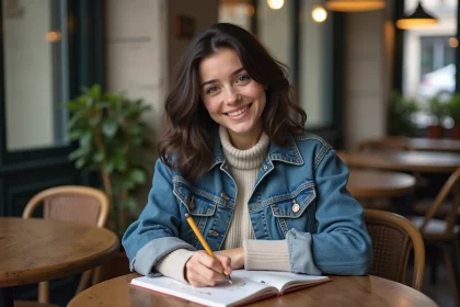Jeune femme souriante &eacute;crivant dans un carnet &agrave; Paris
