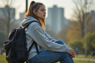 Jeune femme assise sur un banc de parc en ville regardant au loin