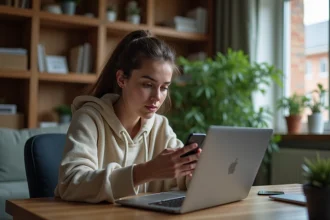 Jeune femme avec smartphone dans un salon cosy
