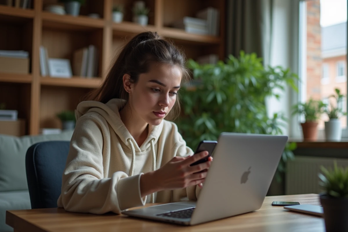 Jeune femme avec smartphone dans un salon cosy