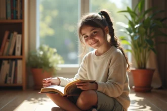 Jeune fille souriante avec livre dans un intérieur lumineux
