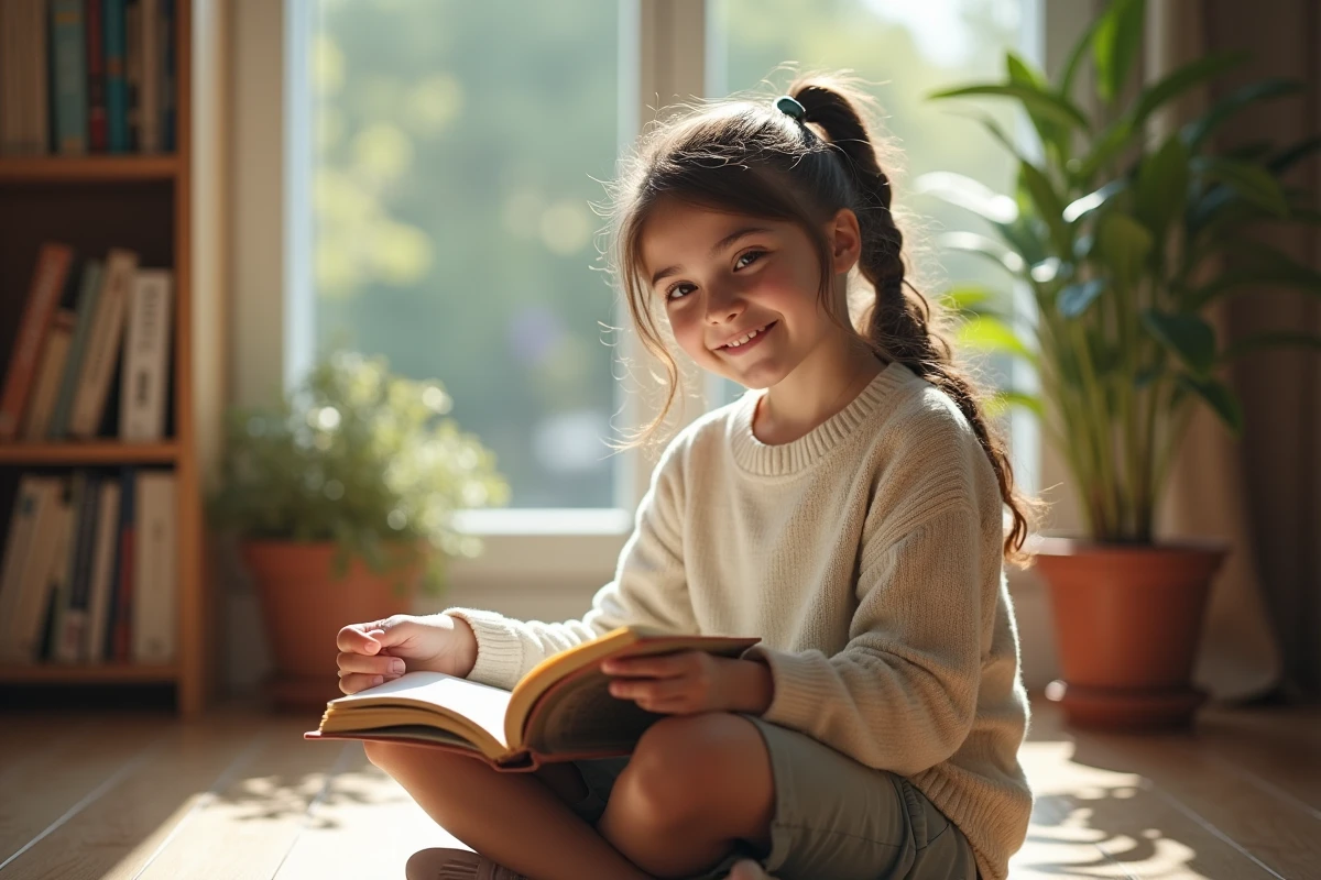 Jeune fille souriante avec livre dans un intérieur lumineux
