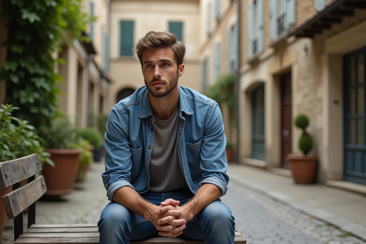Jeune homme pensif dans un village français ancien