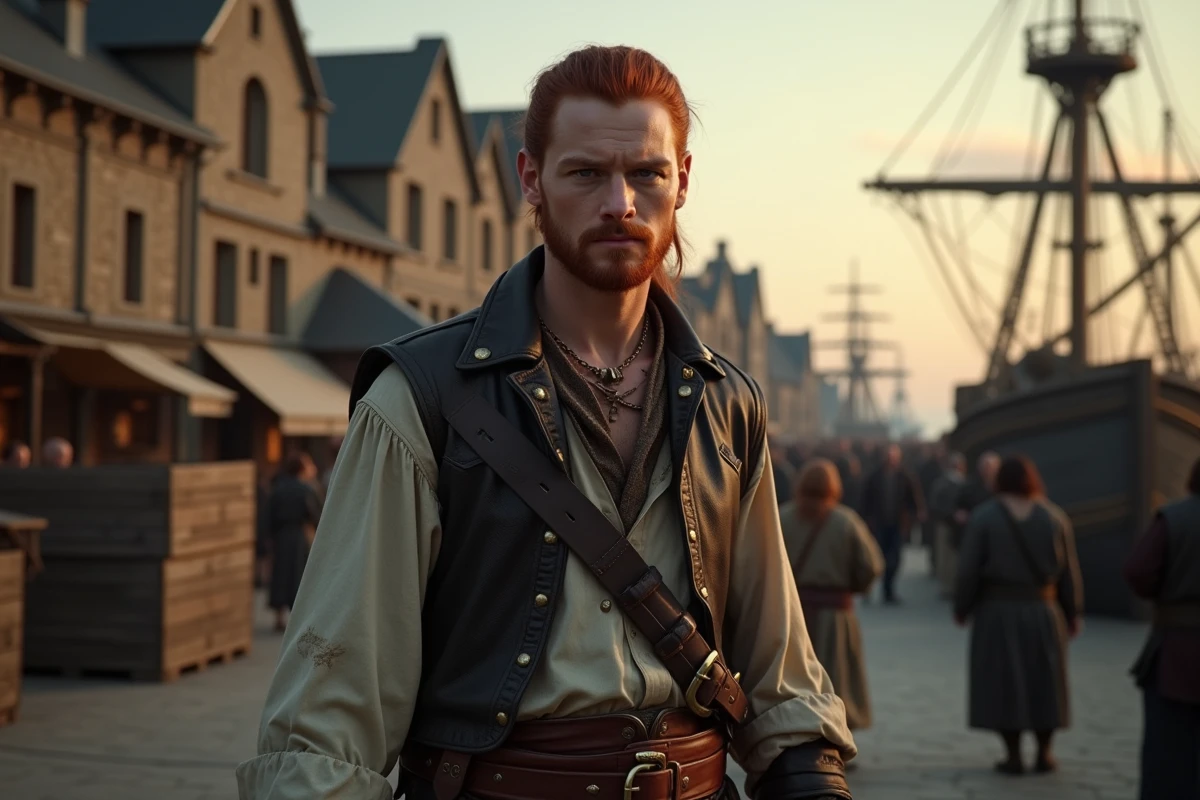 Jeune pirate dans un port au cr&eacute;puscule