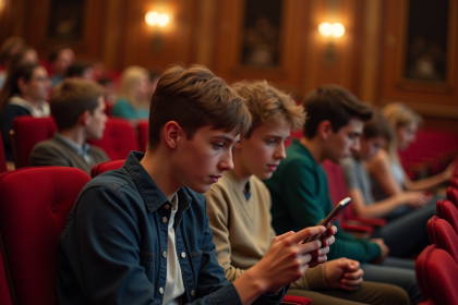 Jeunes ados chuchotant dans un théâtre élégant