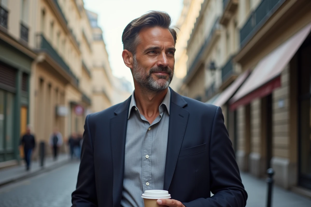 Journaliste discret en veste marine dans une rue parisienne, illustrant la vie privée d'un couple médiatique