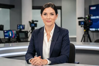 Journaliste professionnelle en blazer marine assise à un bureau de plateau télévisé, style BFMTV