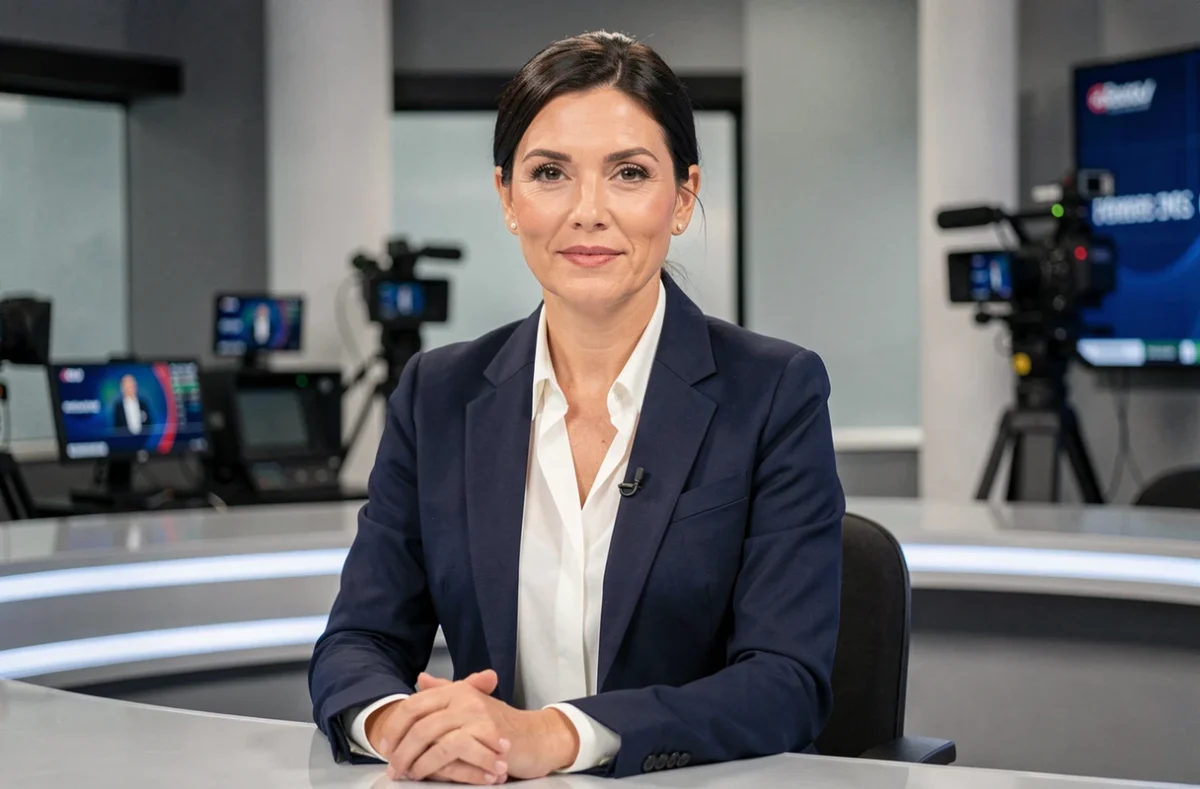 Journaliste professionnelle en blazer marine assise à un bureau de plateau télévisé, style BFMTV