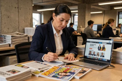 Journaliste analysant des articles de presse sur la vie privée d'une célébrité dans une salle de rédaction