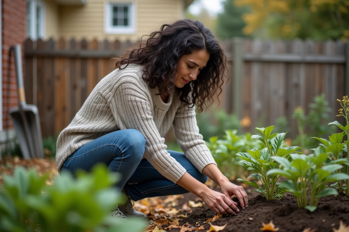 Femme s'occupant de son potager dans un jardin familial privé, scène de vie quotidienne authentique loin des médias