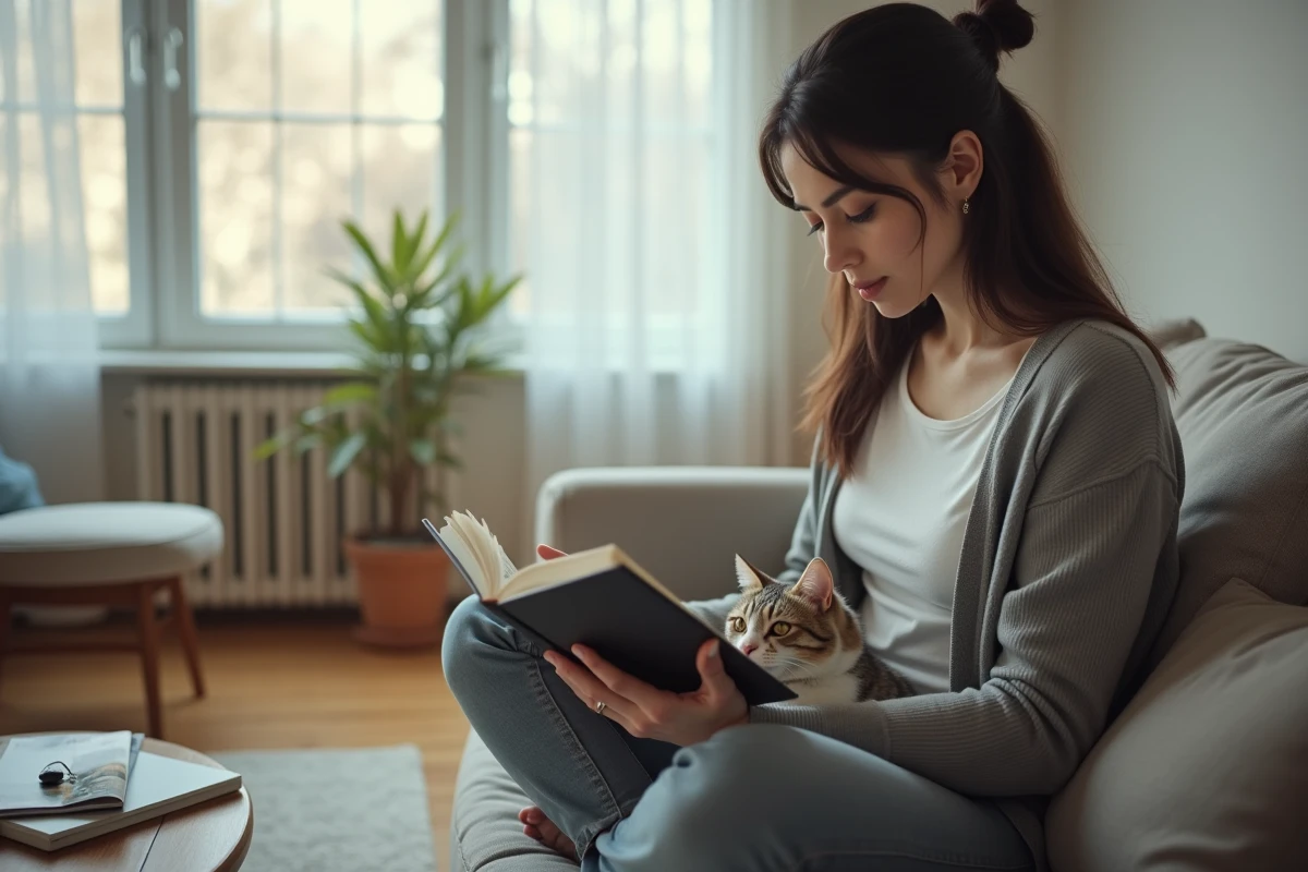 Femme lisant tranquillement dans son salon avec un chat, portrait intimiste de vie privée et familiale loin des projecteurs
