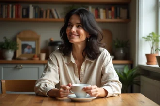 Femme aux cheveux ondulés foncés savourant un thé dans une cuisine familiale chaleureuse, moment de vie privée authentique
